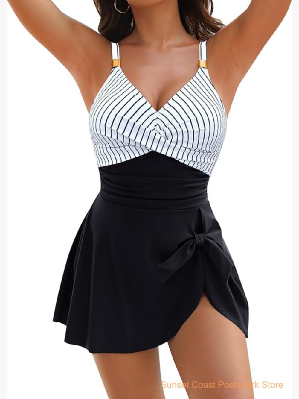 Tummy Control One Piece Swimsuit Gold Metal Tie Knot Swim Dress